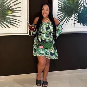 Tropical Green Off Shoulder Frill Hemmed Shirred Dress